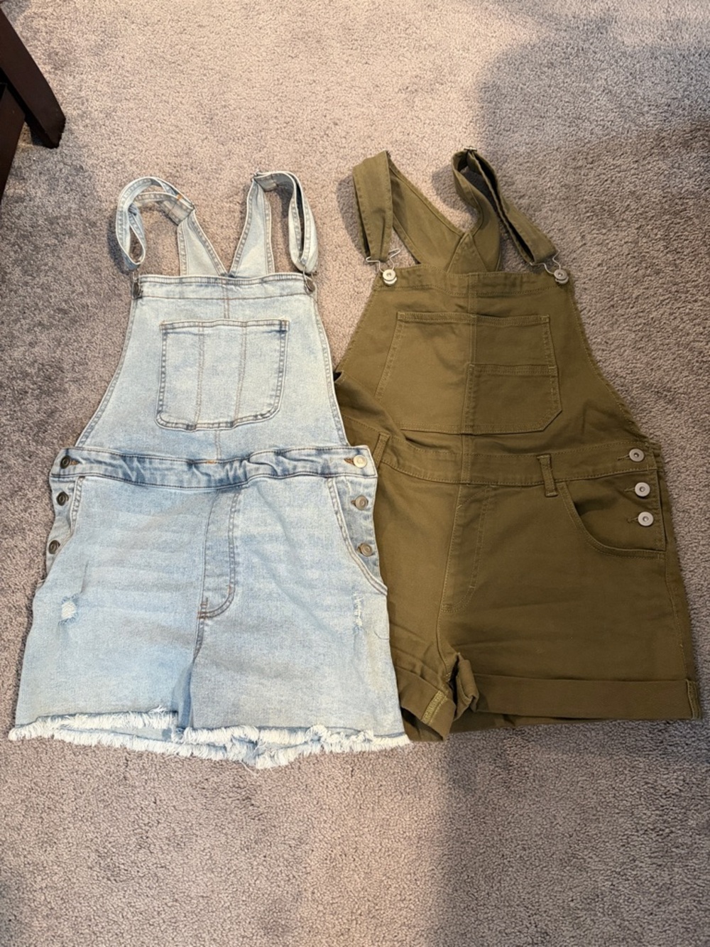 No Boundaries Light Wash Denim & Olive Green Short Overalls Duo